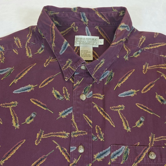 Vintage Banana Republic Safari Button Up Mens L Long Sleeve Feathers Burgundy - Picture 4 of 10